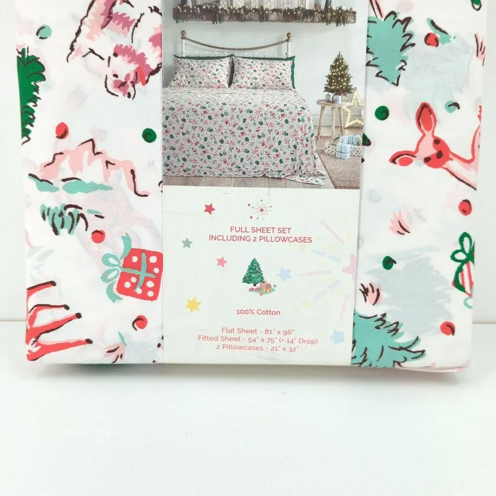 Cath Kidston Full Sheet Set Ditsy Deer Pink White Christmas Flat Fitted Pillows